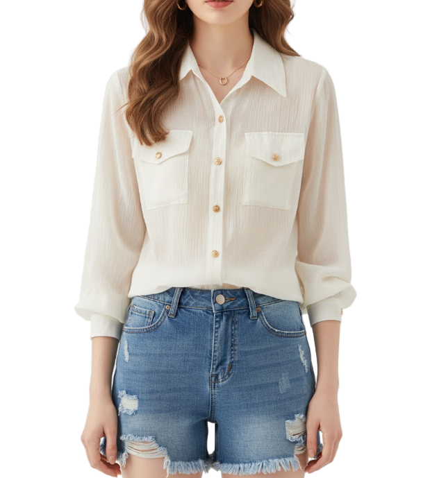 Trendy & Timeless Long Sleeve Collar Chest Pocket Dress Shirts for Women - B15-TOP-55
