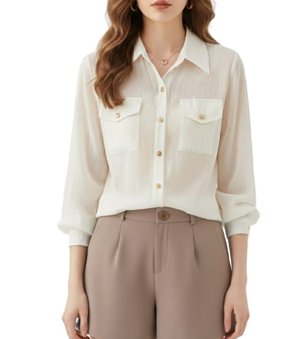 Trendy & Timeless Long Sleeve Collar Chest Pocket Dress Shirts for Women - B15-TOP-55