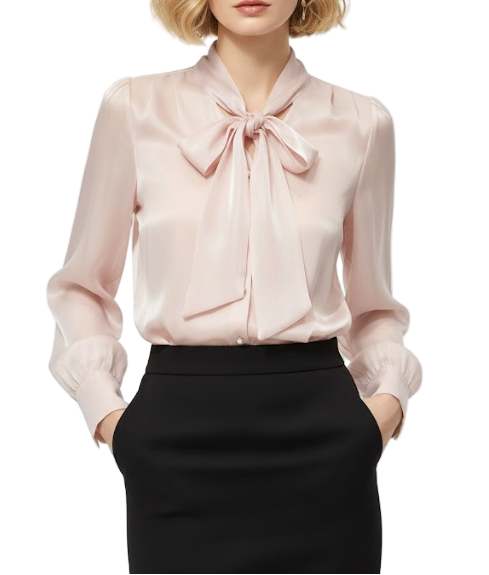 Trendy & Timeless Long Sleeve Elegant  Bow Neck Pleated Shoulders Dress Shirt for Women  - B13-TOP-09