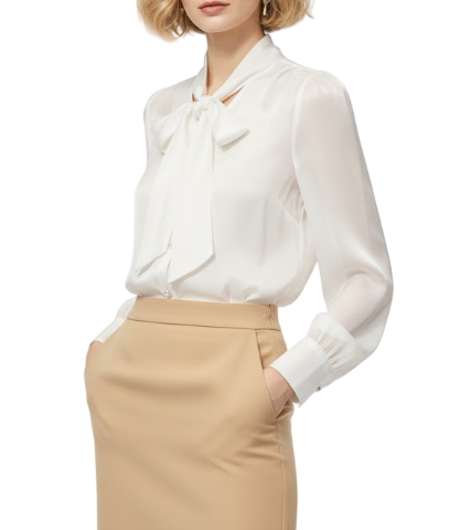 Trendy & Timeless Long Sleeve Elegant  Bow Neck Pleated Shoulders Dress Shirt for Women  - B13-TOP-09