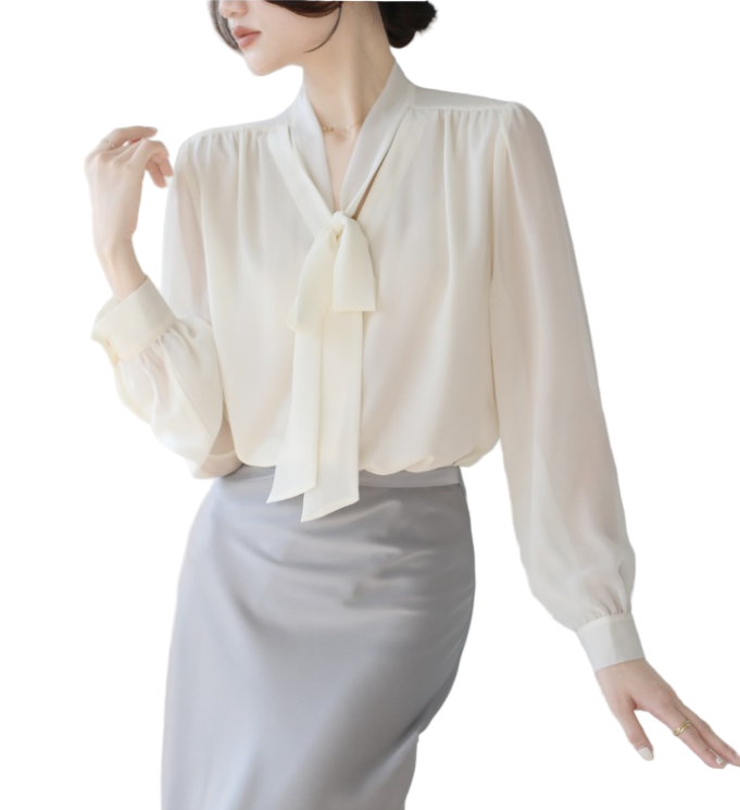 Trendy & Timeless Long Sleeve Elegant Bow V-neck Chiffon Top for Women  - B13-TOP- 26
