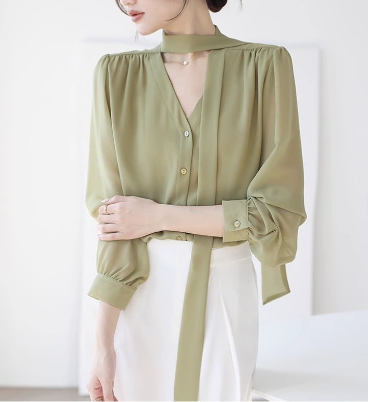 Trendy & Timeless Long Sleeve Elegant Bow V-neck Chiffon Top for Women  - B13-TOP- 26