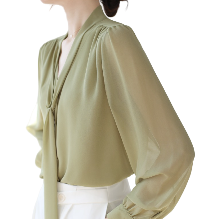 Trendy & Timeless Long Sleeve Elegant Bow V-neck Chiffon Top for Women  - B13-TOP- 26