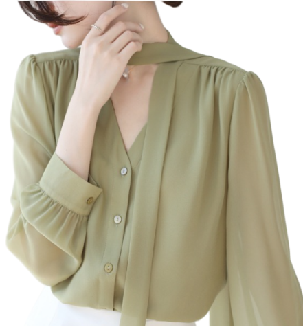 Trendy & Timeless Long Sleeve Elegant Bow V-neck Chiffon Top for Women  - B13-TOP- 26