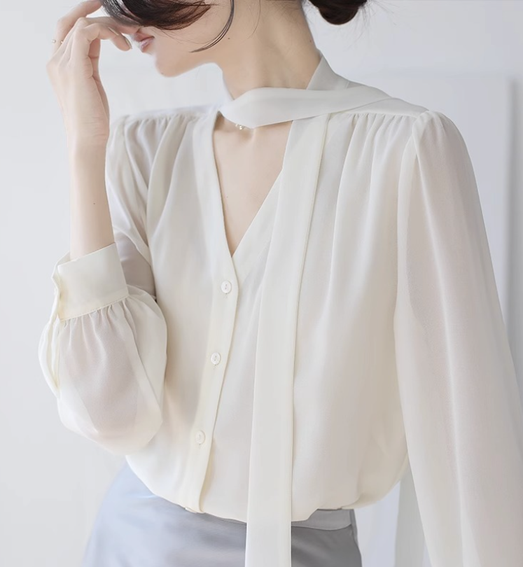 Trendy & Timeless Long Sleeve Elegant Bow V-neck Chiffon Top for Women  - B13-TOP- 26