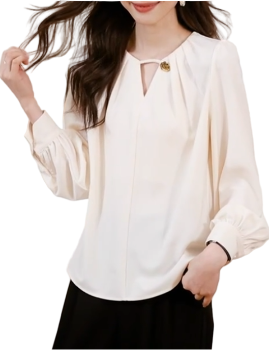 Trendy & Timeless Long Sleeve Elegant  Pleated Neck-line Pullover Blouse  - B13-TOP-07