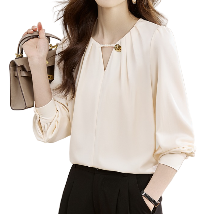 Trendy & Timeless Long Sleeve Elegant  Pleated Neck-line Pullover Blouse  - B13-TOP-07