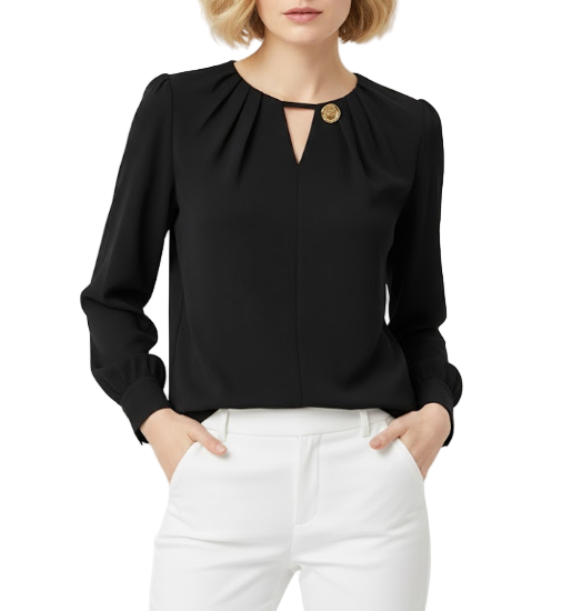 Trendy & Timeless Long Sleeve Elegant  Pleated Neck-line Pullover Blouse  - B13-TOP-07