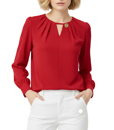 Trendy & Timeless Long Sleeve Elegant  Pleated Neck-line Pullover Blouse  - B13-TOP-07