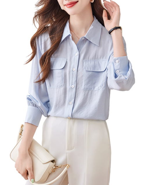 Trendy & Timeless Long Sleeve Front Flap Pocket Button-up Collar Dress Shirts for Women - B15-TOP-25
