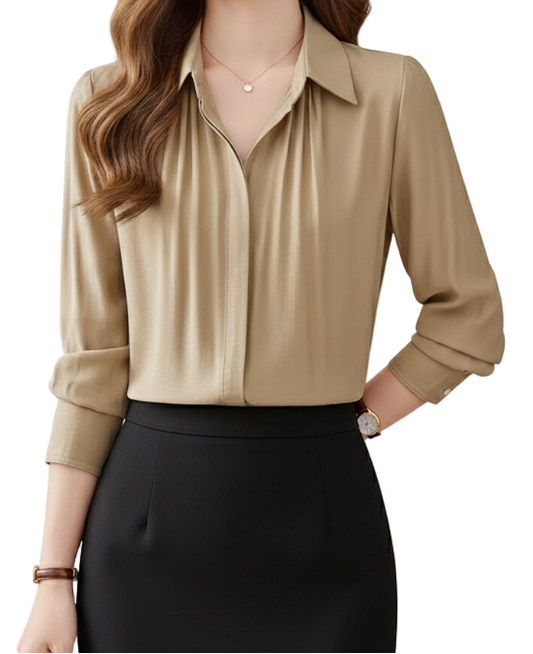 Trendy & Timeless Long Sleeve Pleated Button-up Collar Dress Shirts for Women - B15-TOP-24