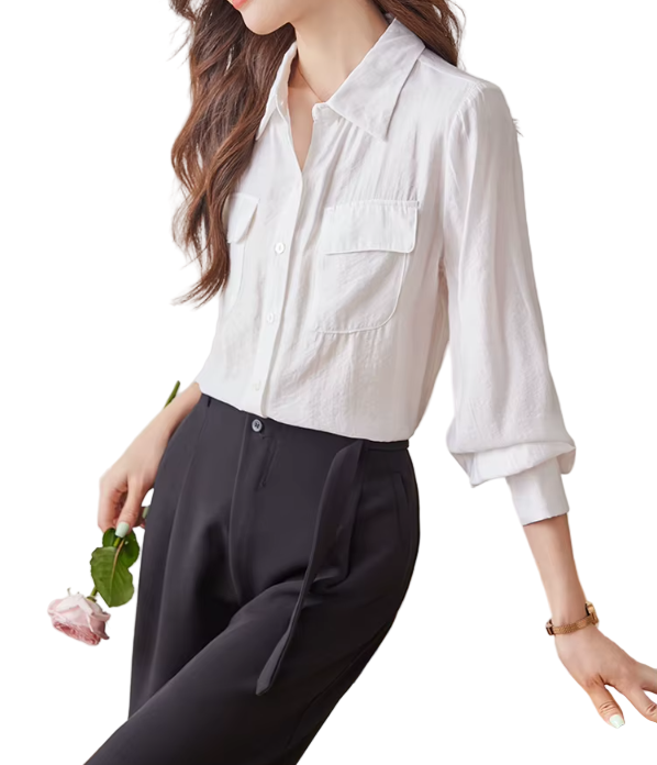 Trendy & Timeless Long Sleeve Front Flap Pocket Button-up Collar Dress Shirts for Women - B15-TOP-25