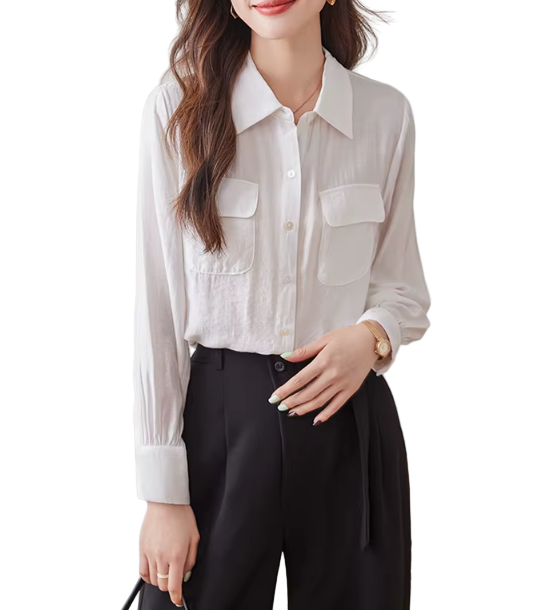 Trendy & Timeless Long Sleeve Front Flap Pocket Button-up Collar Dress Shirts for Women - B15-TOP-25