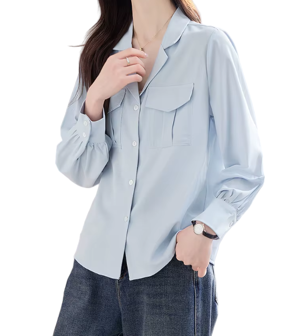 Trendy & Timeless Long Sleeve Front Flap Pockets Lapel Collar Dress Shirts for Women - B15-TOP-37A