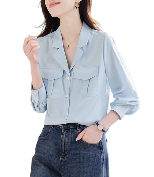 Trendy & Timeless Long Sleeve Front Flap Pockets Lapel Collar Dress Shirts for Women - B15-TOP-37A