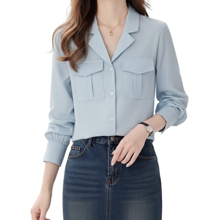 Trendy & Timeless Long Sleeve Front Flap Pockets Lapel Collar Dress Shirts for Women - B15-TOP-37A