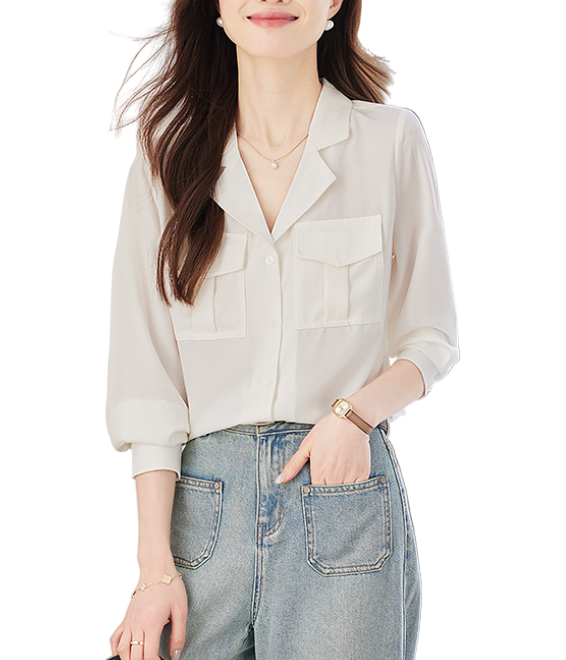 Trendy & Timeless Long Sleeve Front Flap Pockets Lapel Collar Dress Shirts for Women - B15-TOP-37A