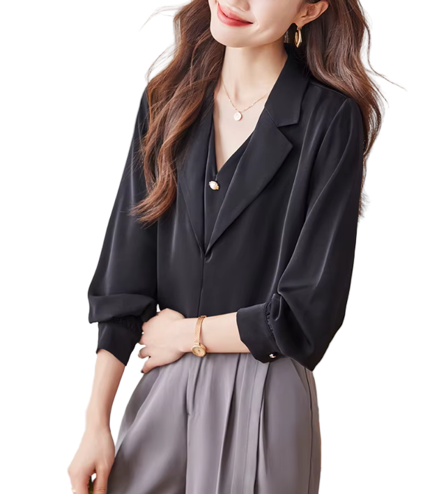 Trendy & Timeless Long Sleeve Lapel V-Neck  Pullover Blouses for Women - B15-TOP-10