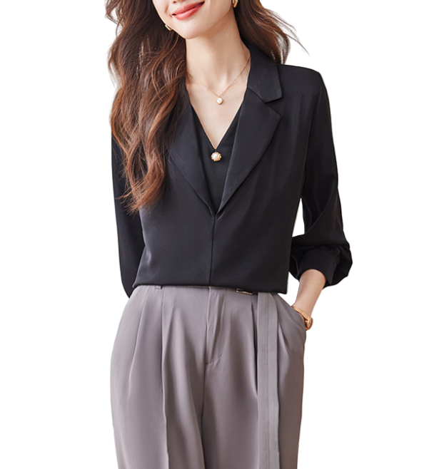 Trendy & Timeless Long Sleeve Lapel V-Neck  Pullover Blouses for Women - B15-TOP-10
