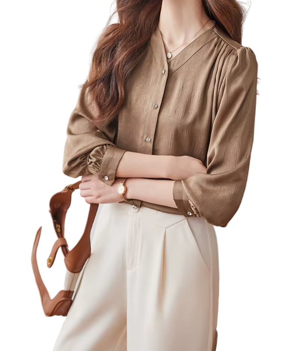 Trendy & Timeless Long Sleeve V-neck Pleated Blouses for Women - B15-TOP-66