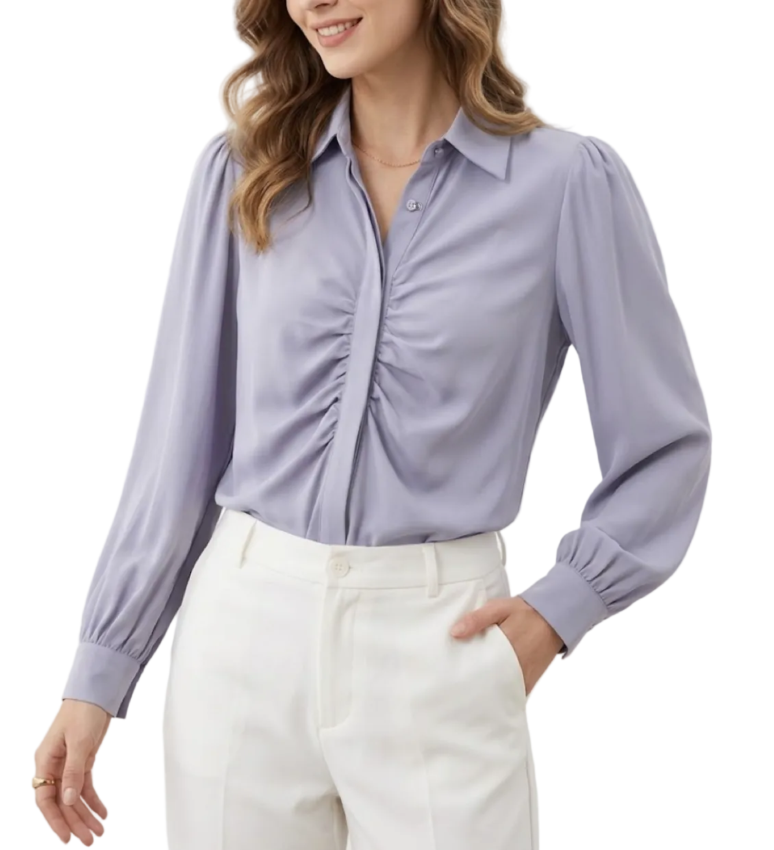 Trendy & Timeless Long Sleeve Pleated Button-up Collar Shirts for Women - B15-TOP-16