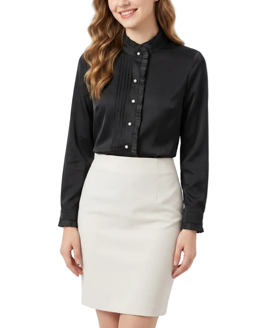 BPARAS.COM - Trendy & Timeless Long Sleeve Ruffled Stand- Collar Blouses for Women - B15-TOP-83
