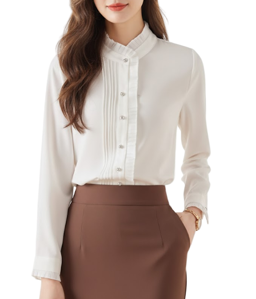 BPARAS.COM - Trendy & Timeless Long Sleeve Ruffled Stand- Collar Blouses for Women - B15-TOP-83