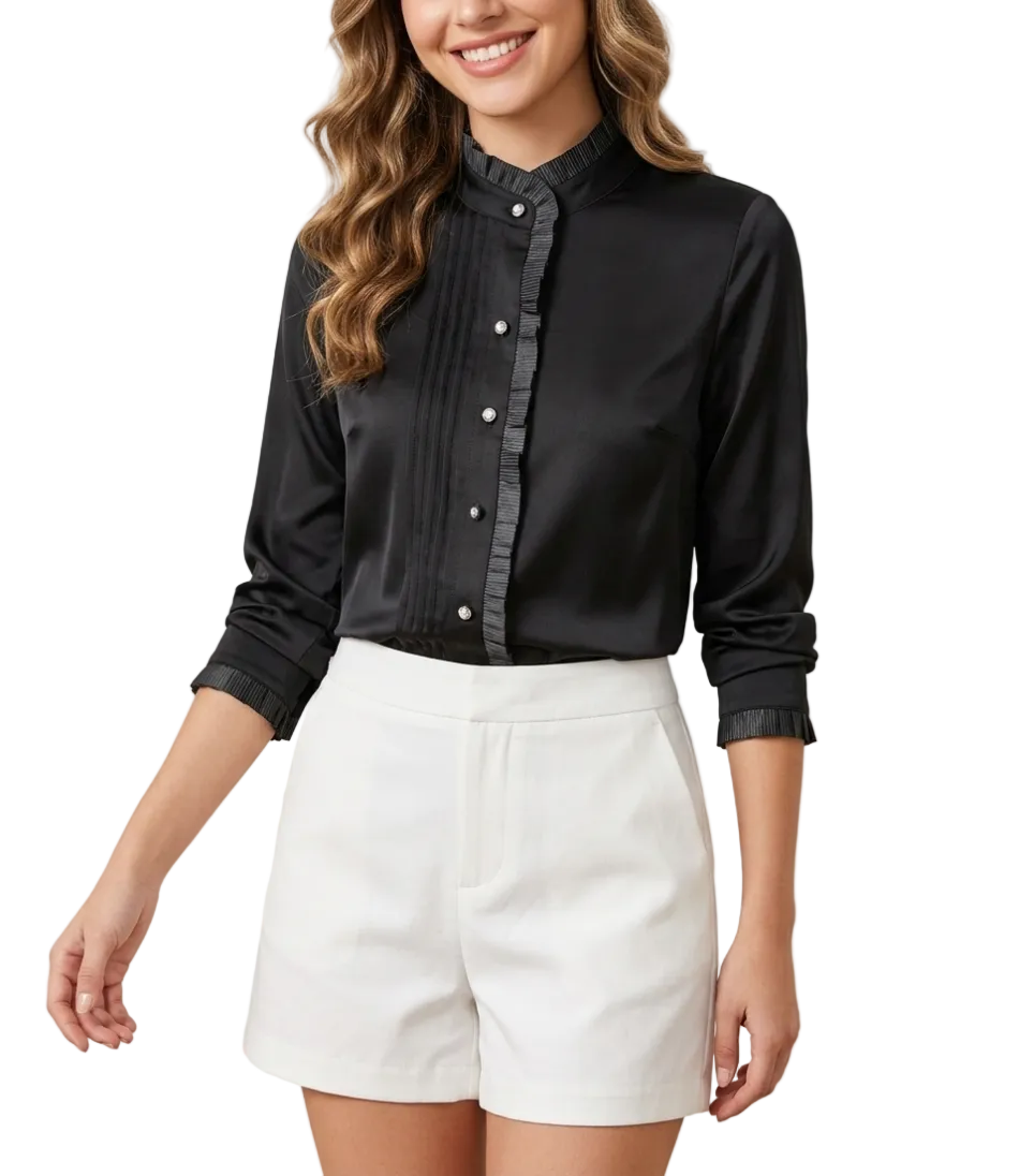 BPARAS.COM - Trendy & Timeless Long Sleeve Ruffled Stand- Collar Blouses for Women - B15-TOP-83