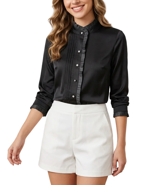 BPARAS.COM - Trendy & Timeless Long Sleeve Ruffled Stand- Collar Blouses for Women - B15-TOP-83