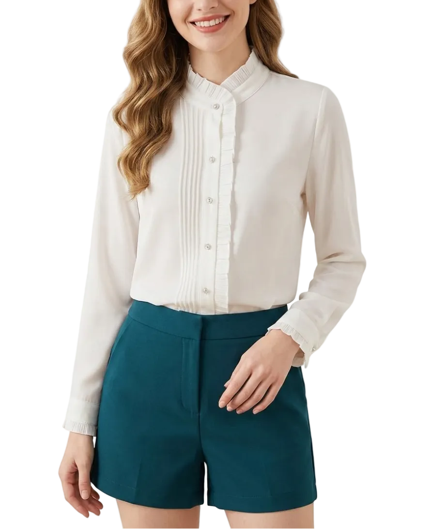 BPARAS.COM - Trendy & Timeless Long Sleeve Ruffled Stand- Collar Blouses for Women - B15-TOP-83