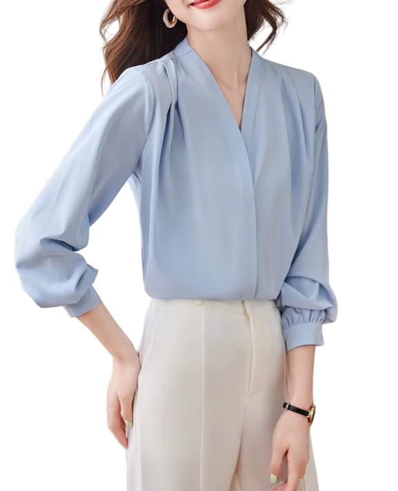 Trendy & Timeless Long Sleeve V-neck Pleated Pullover Blouses for Women - B15-TOP-20