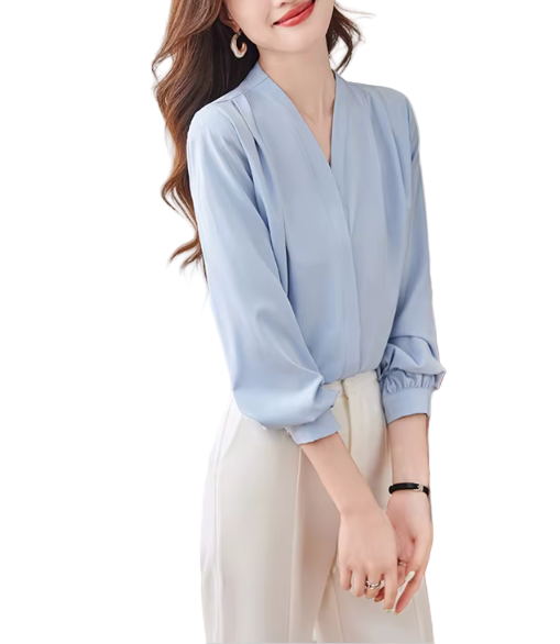 Trendy & Timeless Long Sleeve V-neck Pleated Pullover Blouses for Women - B15-TOP-20