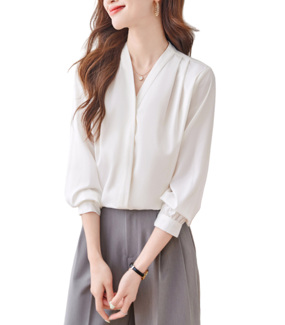 Trendy & Timeless Long Sleeve V-neck Pleated Pullover Blouses for Women - B15-TOP-20