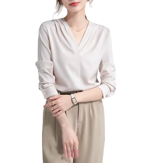 Trendy & Timeless Long Sleeve V-neck Pleated Pullover Blouses for Women - B15-TOP-62