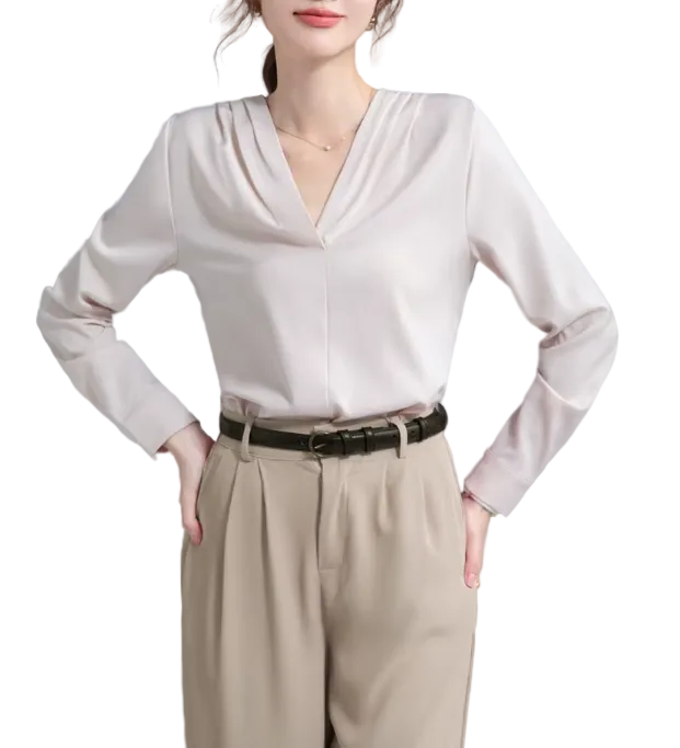 Trendy & Timeless Long Sleeve V-neck Pleated Pullover Blouses for Women - B15-TOP-62