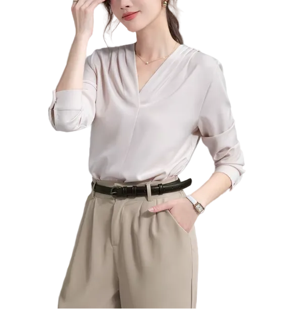 Trendy & Timeless Long Sleeve V-neck Pleated Pullover Blouses for Women - B15-TOP-62