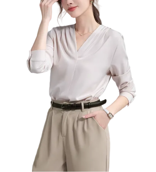 Trendy & Timeless Long Sleeve V-neck Pleated Pullover Blouses for Women - B15-TOP-62