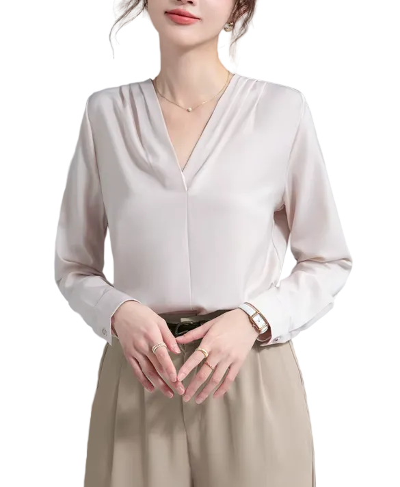 Trendy & Timeless Long Sleeve V-neck Pleated Pullover Blouses for Women - B15-TOP-62
