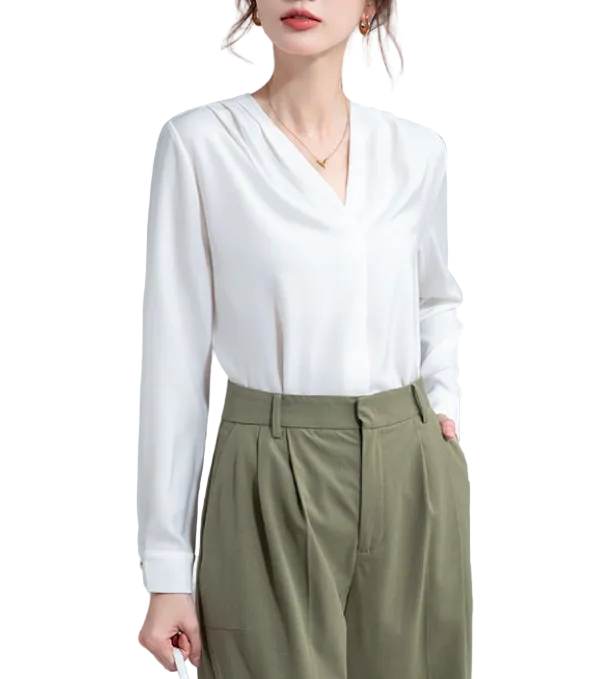 Trendy & Timeless Long Sleeve V-neck Pleated Pullover Blouses for Women - B15-TOP-62