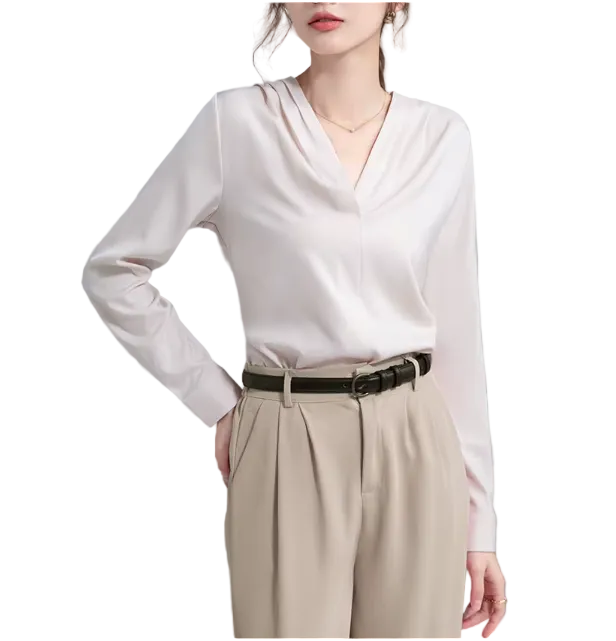 Trendy & Timeless Long Sleeve V-neck Pleated Pullover Blouses for Women - B15-TOP-62