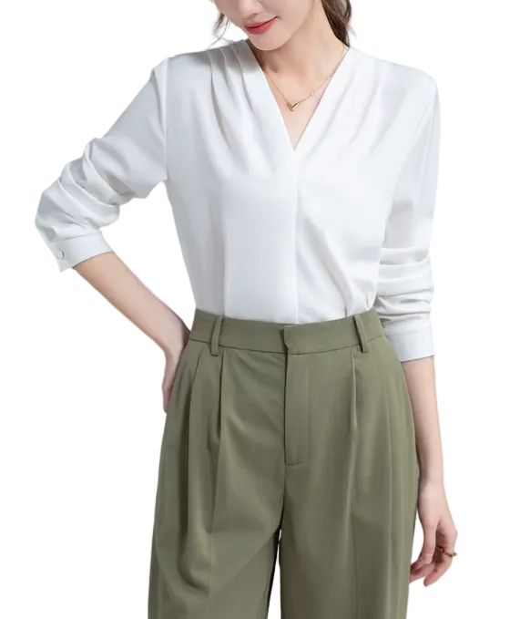 Trendy & Timeless Long Sleeve V-neck Pleated Pullover Blouses for Women - B15-TOP-62