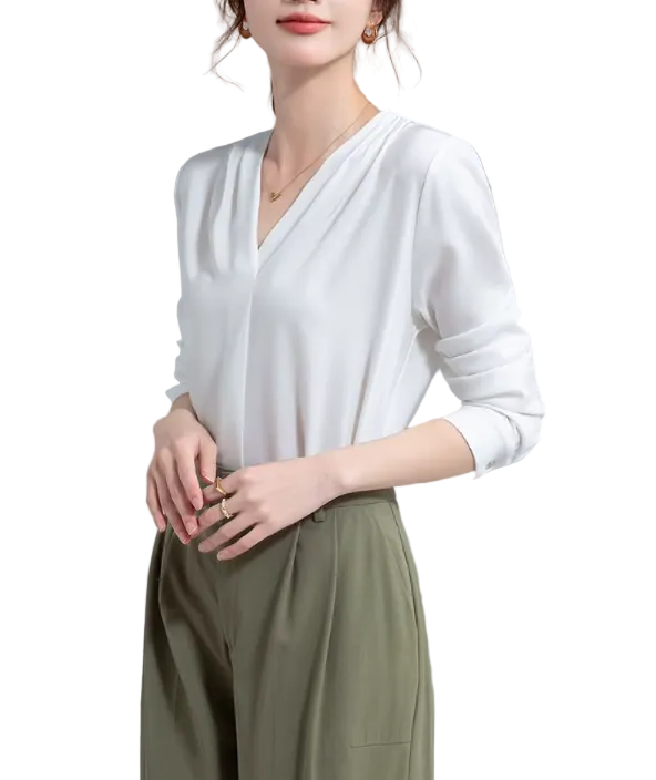 Trendy & Timeless Long Sleeve V-neck Pleated Pullover Blouses for Women - B15-TOP-62