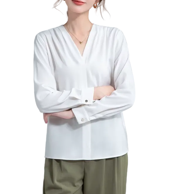 Trendy & Timeless Long Sleeve V-neck Pleated Pullover Blouses for Women - B15-TOP-62