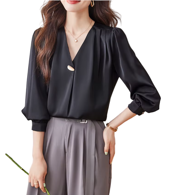 Trendy & Timeless Long Sleeve V-neck Pleated Pullover Blouses for Women - B15-TOP-64
