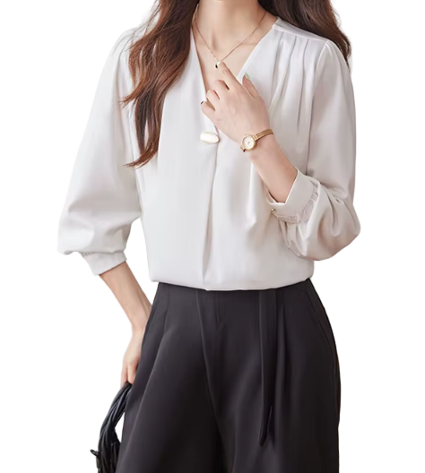 Trendy & Timeless Long Sleeve V-neck Pleated Pullover Blouses for Women - B15-TOP-64