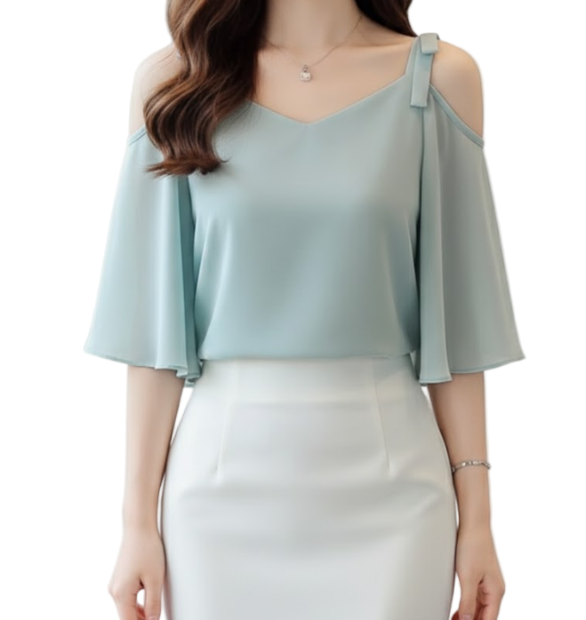 Trendy & Timeless Short Sleeve Elegant Chiffon Off Shoulder Blouses for Women  - B13-TOP- 35