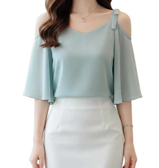 Trendy & Timeless Short Sleeve Elegant Chiffon Off Shoulder Blouses for Women  - B13-TOP- 35