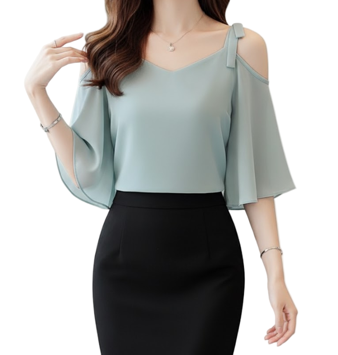 Trendy & Timeless Short Sleeve Elegant Chiffon Off Shoulder Blouses for Women  - B13-TOP- 35