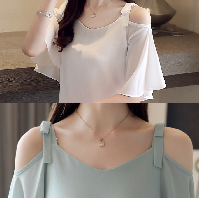 Trendy & Timeless Short Sleeve Elegant Chiffon Off Shoulder Blouses for Women  - B13-TOP- 35