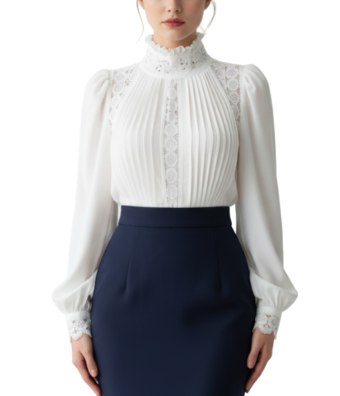 Trendy & Timeless Stand Collar Commute Ruched Patchwork Lace Hollow Out Long Sleeve Shirt - SM8-TOP-51